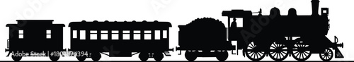 Steam train silhouette, vintage locomotive, coal tender, passenger car, caboose, black illustration, railway transport, travel, retro, wheels, smoke, classic