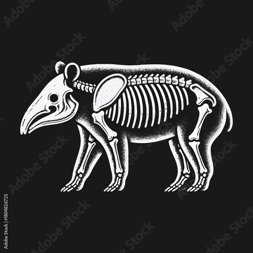 Vintage style tapir skeleton anatomical illustration on black background.