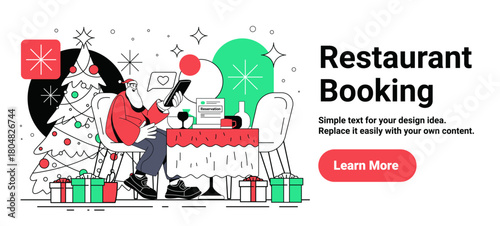 Santa restaurant booking Christmas dinner celebration modern festive table gifts decorated tree wine digital reservation mobile app template