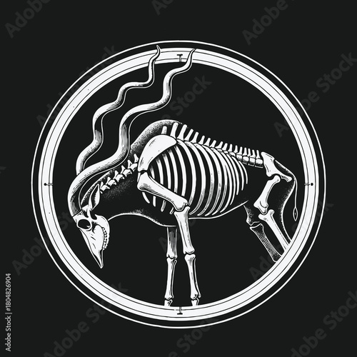 Monochrome anatomical illustration of a wildebeest skeleton in a circular emblem.