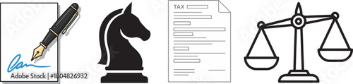 Flat Icon Set Representing Law, Business, and Strategy
