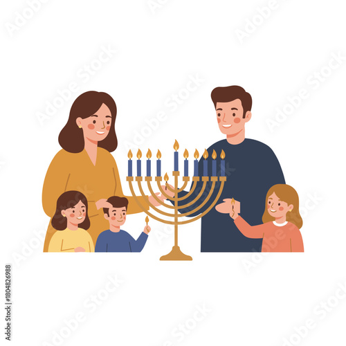 Family illuminates Hanukkah menorah together
