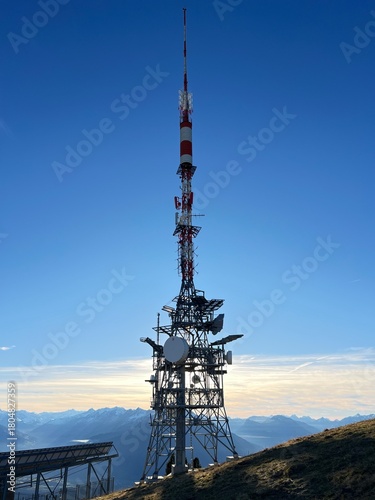 Transmission tower (antenna transmitting system, built 1972-1975 - height 89 m) on the Niederhorn, Switzerland - Sendeturm (Antenne Sendeanlage, Baujahr 1972-1975 - Höhe 89 m) auf dem Niederhorn