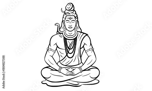 Lord Shiva Meditating Line Art Vector: Mahadev in Yoga Pose, Hindu God Outline Drawing with Third Eye and Cobra for Maha Shivaratri, Spirituality, and Coloring Book Design