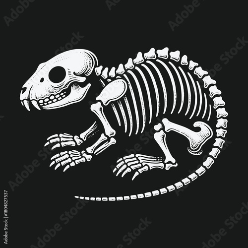 Stylized white rat skeleton illustration on a solid black background.