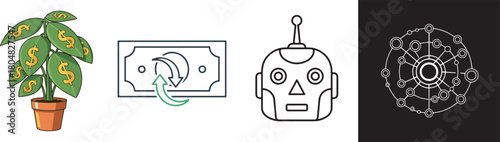 Plant with Dollar Leaves, Money Exchange, Robot Head, and Network Icon