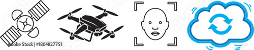 Iconography of Satellite, Drone, Face Recognition, and Cloud Sync