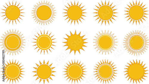 Stylized sun icon grid, yellow and orange sun graphics, abstract solar rays, vector sun symbols, radiant light design elements