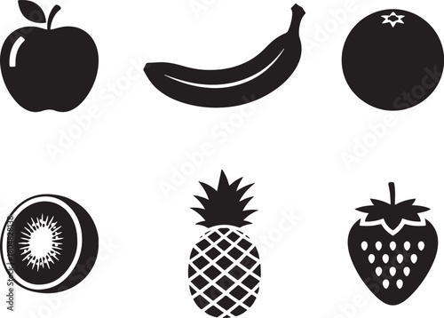 A collection of six bold black vector silhouettes of popular fruits: apple, banana, orange, kiwi slice, pineapple, and strawberry, ideal for food, health, and produce icons
