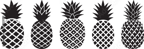 A row of five bold black vector silhouettes of pineapples in varying styles, perfect for tropical food, beverage, and summery graphic design elements