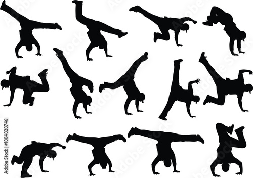 Set of black breakdancer silhouettes performing hip hop dance moves and stunts, isolated on white background, vector illustration.