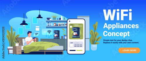 WiFi appliances concept smart home automation man controls coffee maker with mobile device modern bedroom kitchen plants flat design website banner
