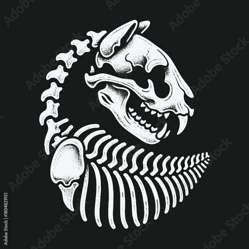 Monochrome illustration of a predator animal skeleton in a circular design.