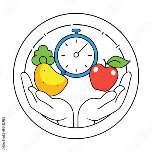 Healthy foods arranged between clock hands, symbolizing mindful eating. Colorful fruits, veggies, and grains circle the dial, reminding us to choose nourishment at every hour.
