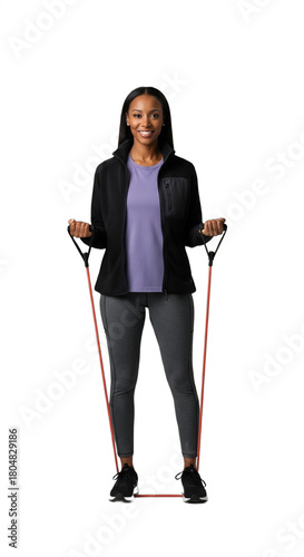 Smiling 35-40-year-old Black woman home care physical therapist in athletic fleece, holding resistance band, isolated on transparent background. Ideal for health, wellness, senior care, fitness,