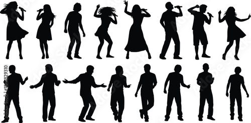 Collection of black silhouettes showing men and women singing with microphones and dancing, isolated on white background, vector illustration.