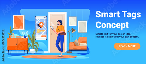 Smart tags concept woman using smartphone digital key location map modern living room interior technology interface home automation