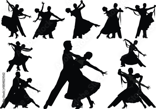 Set of black silhouettes, ballroom dance couples performing waltz, tango, and salsa steps, isolated on white background, vector illustration.