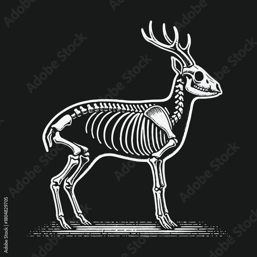 Vintage engraving style illustration of a deer skeleton.