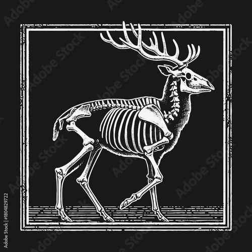 Detailed anatomical illustration of a walking deer skeleton with large antlers in a vintage grunge frame.