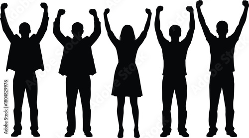 Silhouette of group of people standing with arms raised up, men and woman celebrating victory together isolated on white background