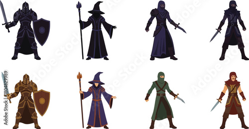 Diverse fantasy warriors and mages in stylized illustration