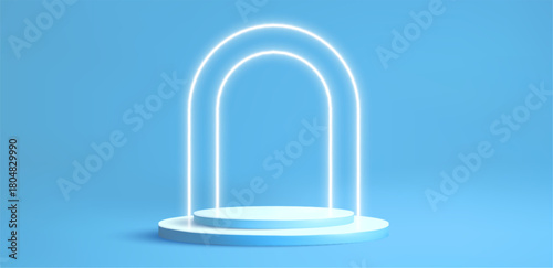 Podium blue neon arch background with 3D white and product sign show stage. Style unicorn innovation with podium design and blue neon elements for studio isolated. Pink showcase aesthetic for display