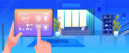 Smart home automation control panel finger touch modern living room interior digital tablet interface temperature humidity settings houseplants bookshelf