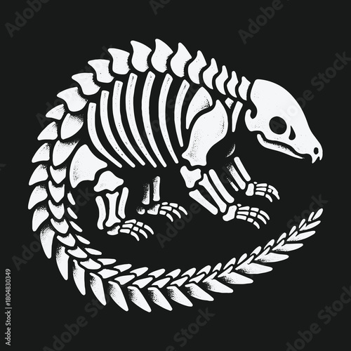 Stylized white pangolin skeleton illustration on a black background.