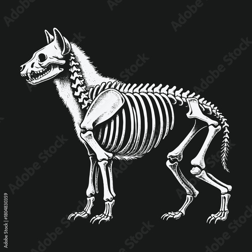 Detailed anatomical illustration of a canine skeleton side view.