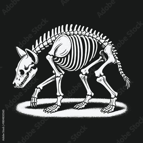 Black and white illustration of a walking hyena skeleton.