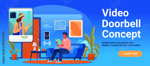 Video doorbell concept smart home security man monitors visitor on tablet modern living room interior wireless technology device blue background