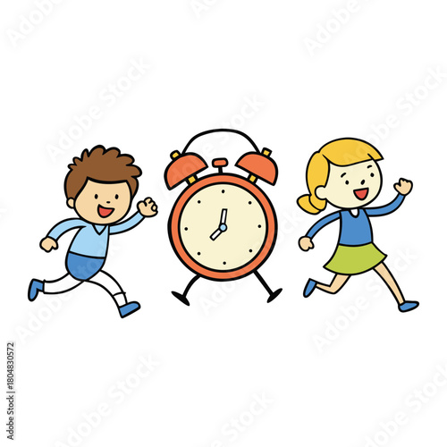 Students kids dash away from a loud ringing alarm clock, their faces shocked and playful as they sprint in all directions, escaping the wake-up call’s urgent buzz.
