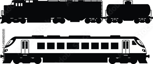 Train silhouette, freight locomotive, tank car, passenger train, high speed rail, transportation icon, railway vehicle,