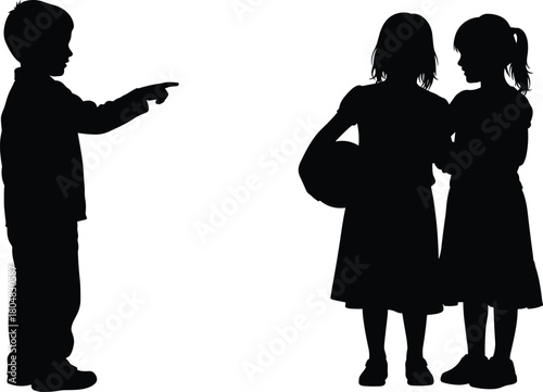 Silhouette of boy pointing finger at two girls standing together, childhood conflict or interaction concept isolated on white background