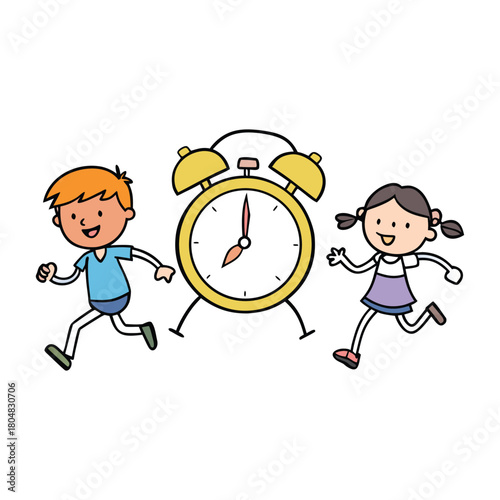 Students kids dash away from a loud ringing alarm clock, their faces shocked and playful as they sprint in all directions, escaping the wake-up call’s urgent buzz.
