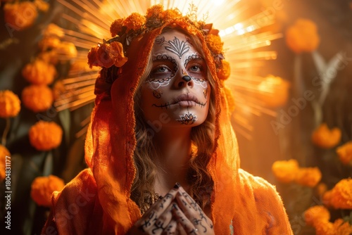 A woman in an orange hooded...