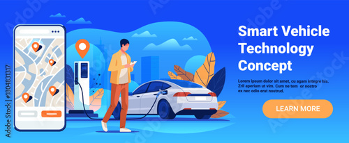 Smart vehicle technology concept electric car charging man using smartphone cityscape map navigation mobile interface blue background landing page