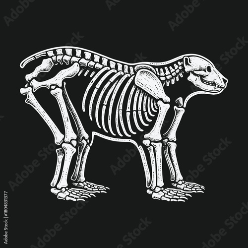 Detailed anatomical illustration of a bear skeleton on a black background.