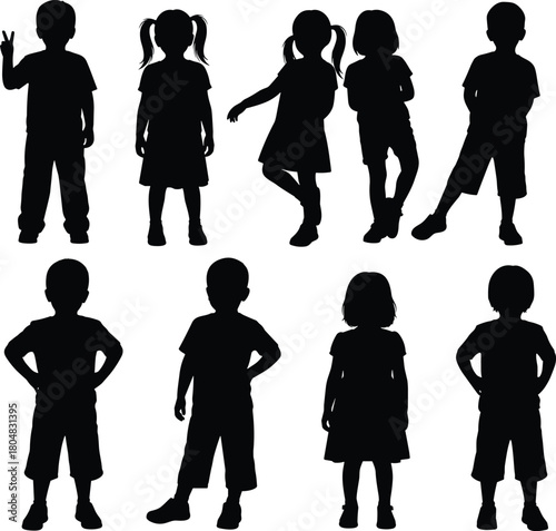 Set of happy children silhouettes standing in different poses, little boys and girls group isolated on white background