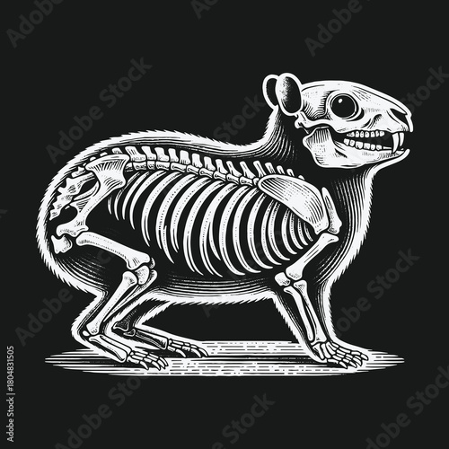 Vintage engraving style illustration of a rodent skeleton anatomy.