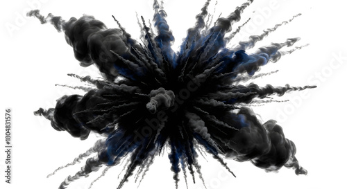 Dramatic burst of dark smoke plumes emanating from a central point on white backdrop