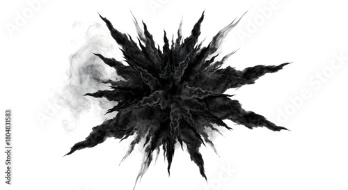 Dramatic explosion of black smoke spreading outwards on a stark white background scene