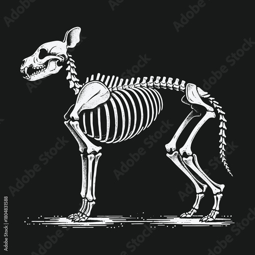 Detailed canine skeletal system on a black background.