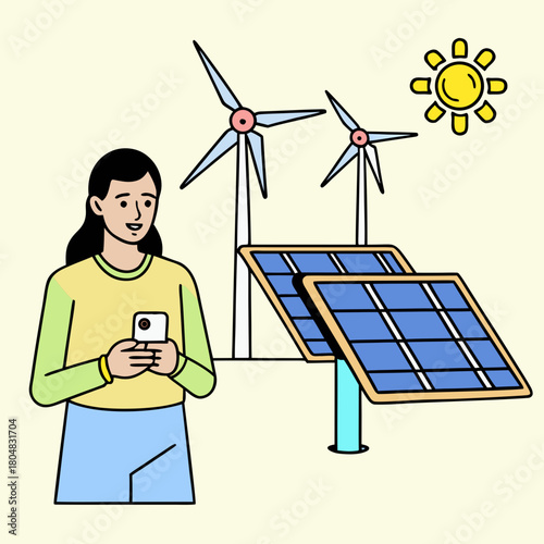 Person holding phone with solar panels and wind turbines illustration Keywords: person