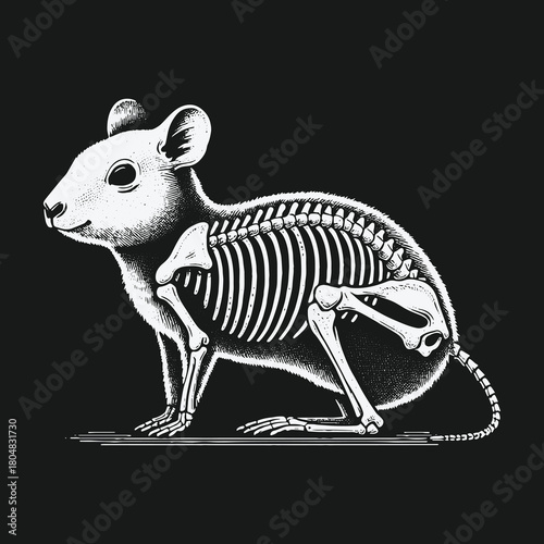 Vintage anatomical illustration of a mouse showing its internal skeleton structure.