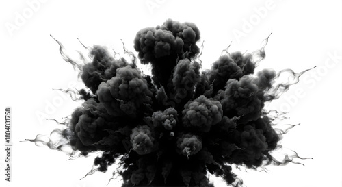 A dramatic explosion of dark smoke billowing upwards against a white background scene