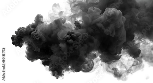 Dense plume of dark smoke billowing and swirling against a stark white background scene