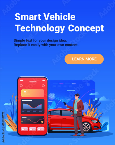 Smart vehicle technology concept mobile app interface man controls red car with smartphone digital dashboard blue background modern web banner
