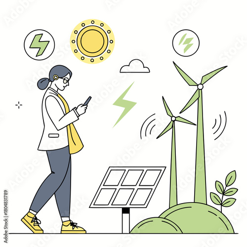 Person with glasses checks phone near renewable energy sources